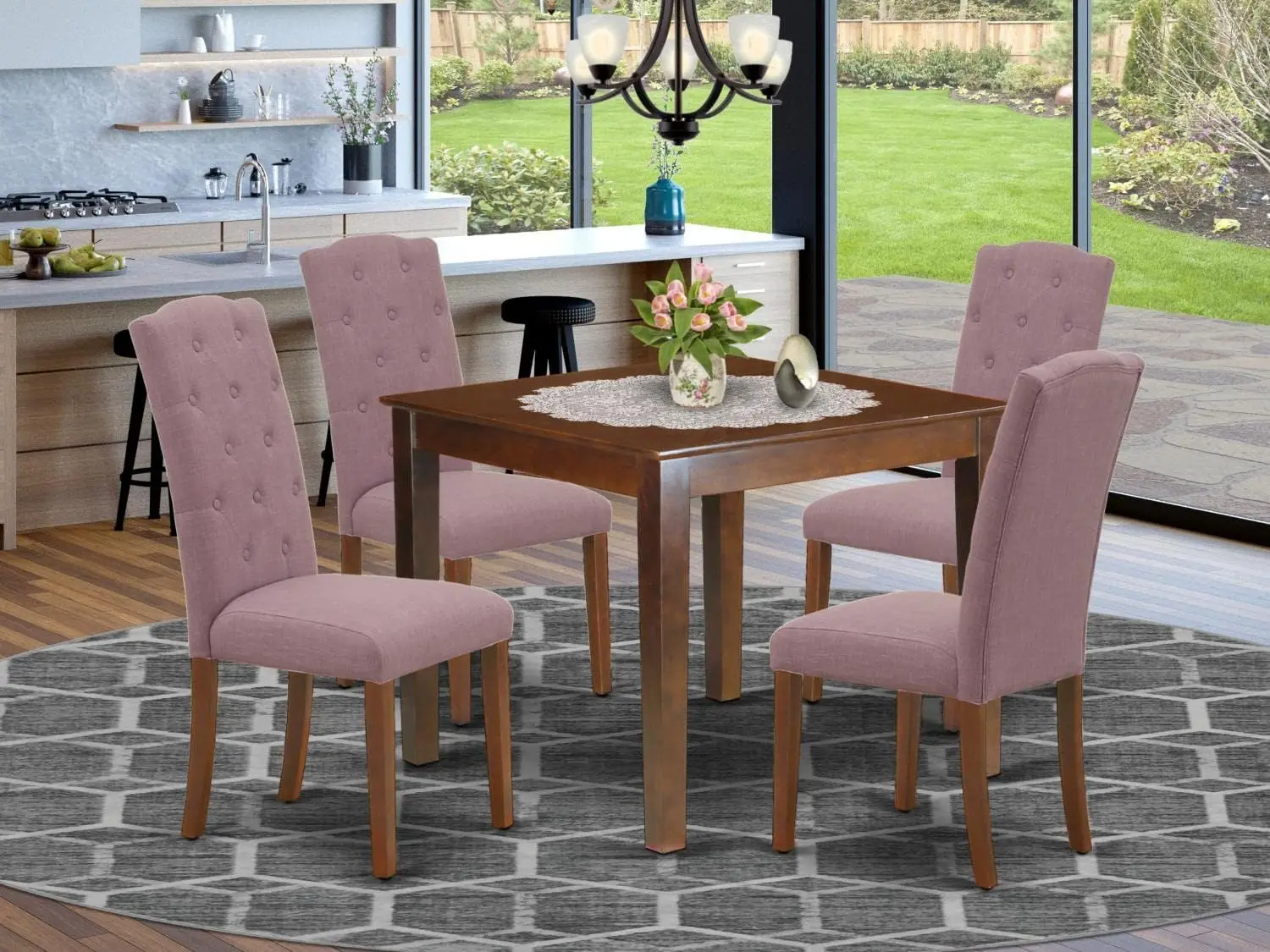 5 Piece Modern Dining Table Set Includes a Square Wooden Table and 4 Dahlia Linen Fabric Upholstered Parson Chairs