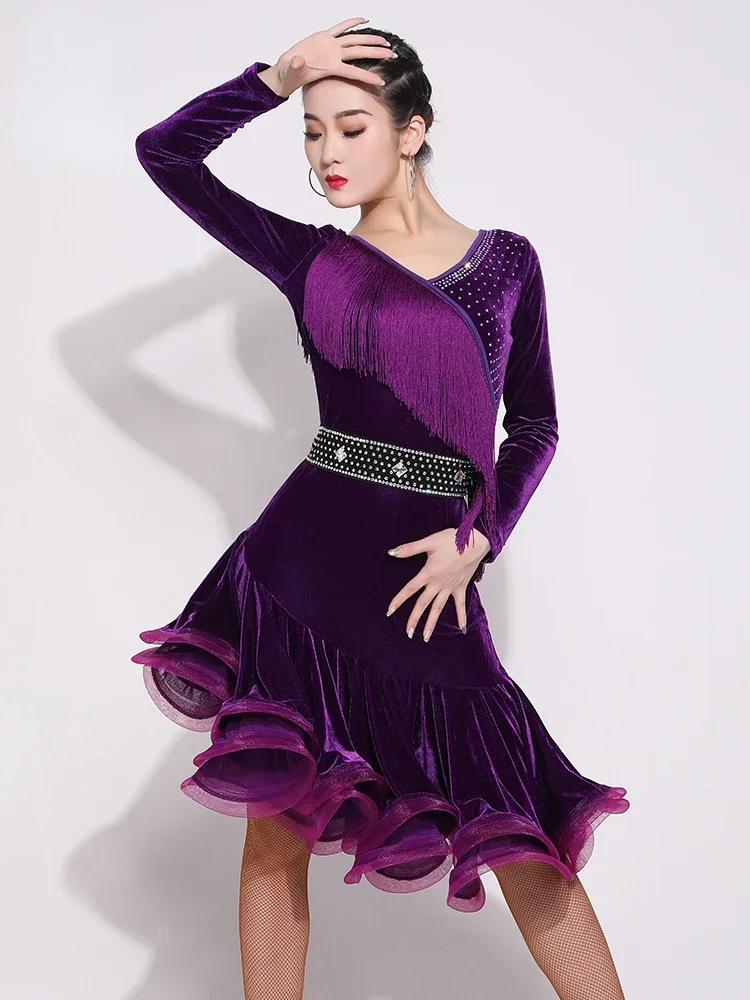 

Duqiao Latin Dance Wear Women's Adult Tassel Long-Sleeved Velvet Dress New Exercise Clothing Autumn Professional Costume