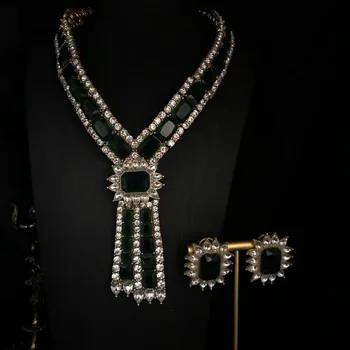 Emerald rhinestone exquisite fashion necklace earrings full of diamond high-end sweater chain earrings medieval all-match jewelry