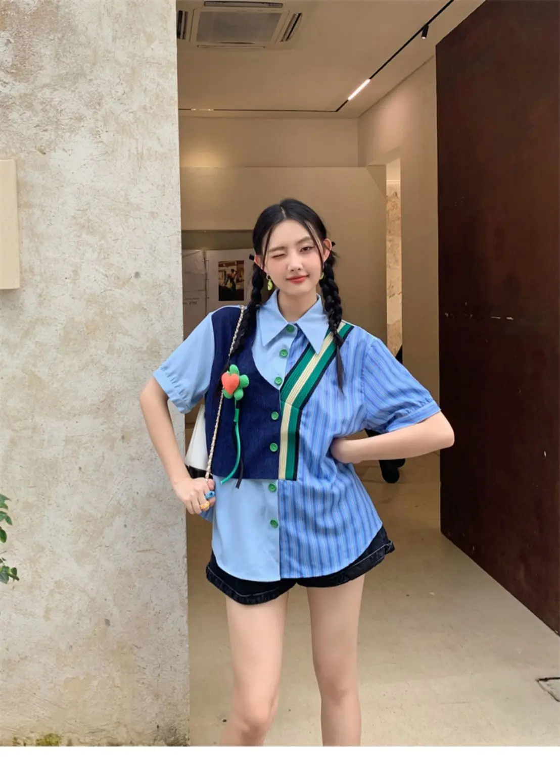 Short Sleeve Shirt Splices Fake Two Pieces Turn Down Collar Shirt Loose Chic Blouses Female  Loose Shirt Tops Women Summer