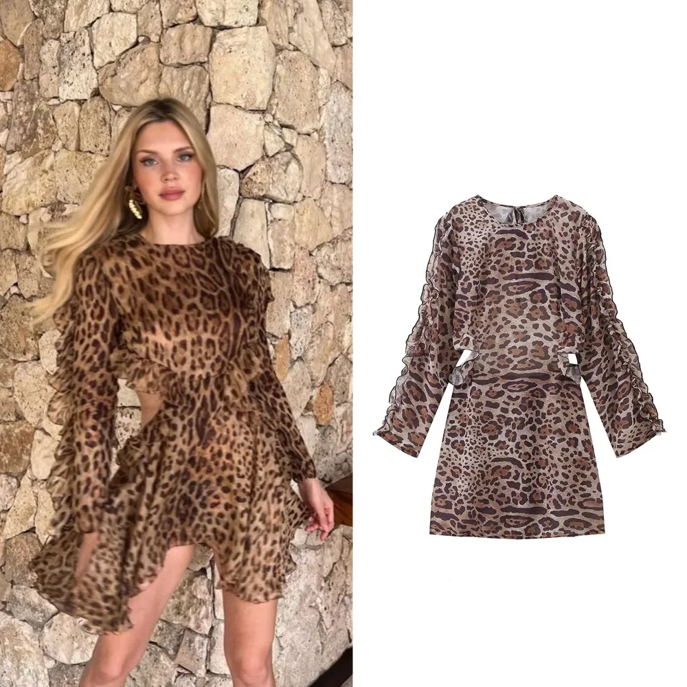 

BSK&TRAF Women's 2024 Summer New European and American Style Fashion Casual Sexy Leopard Print Back Hollow Dress