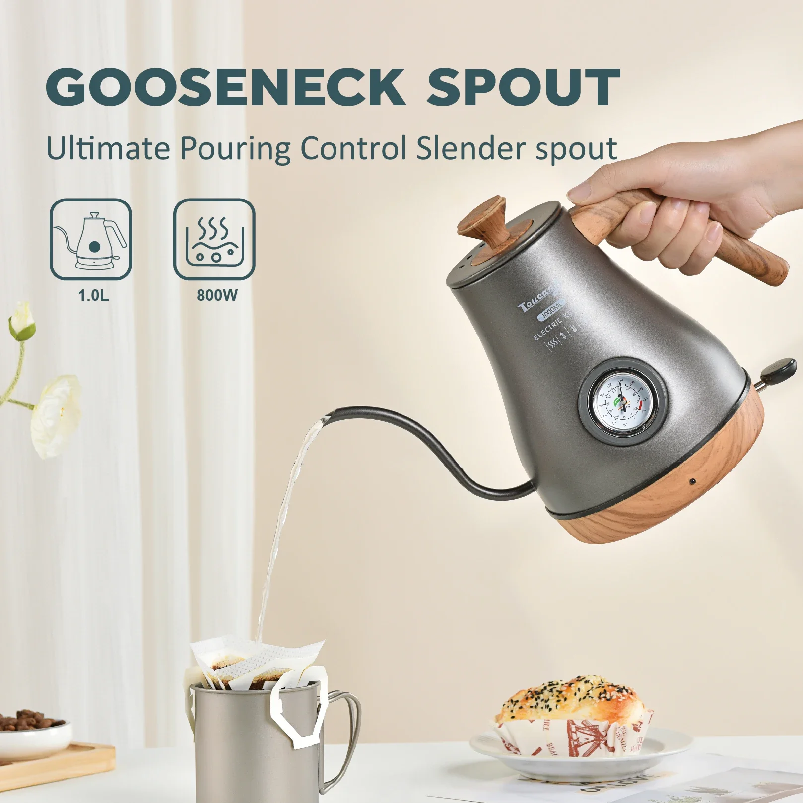 220V/ 110V 1L  kettle, 304 stainless steel, gooseneck spout, coffee maker, fine teapot with thermometer 3