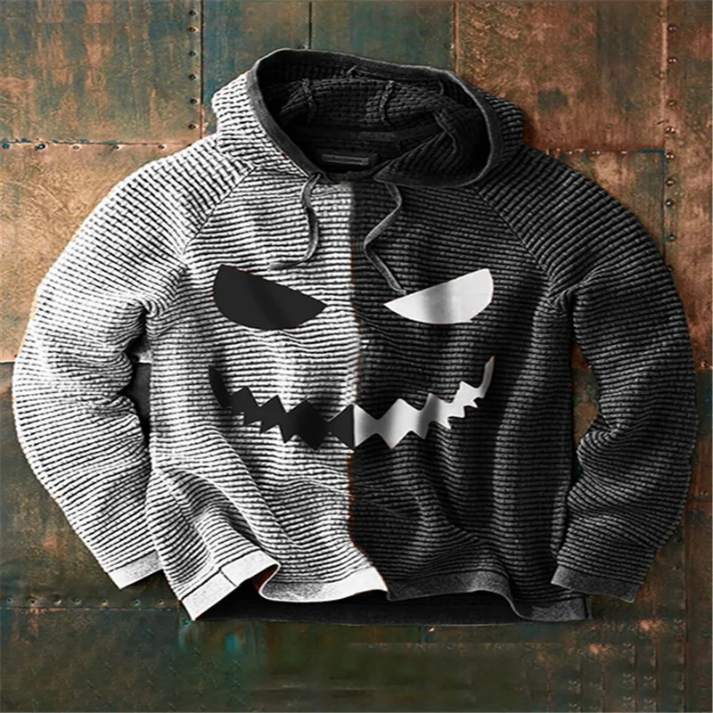 Halloween Sweater Men's Patchwork Hoodies Pit Cloth Sweatshirt Pumpkin Print Patchwork Sweater Men Halloween Party Clothing