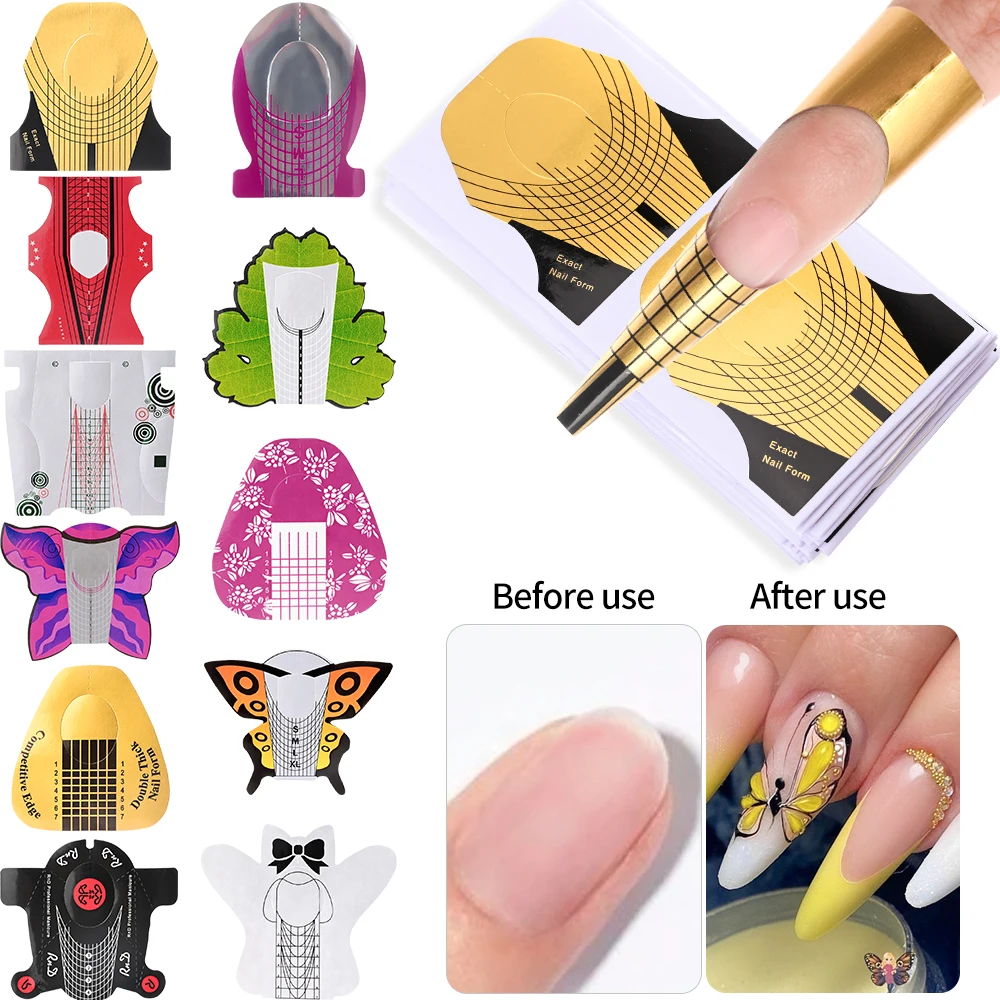 100Pcs Professional Paper Tray Nail Forms Acrylic UV Gel Polish Nail Extension Stencil DIY French Adhesive Sticker Manicure Tool