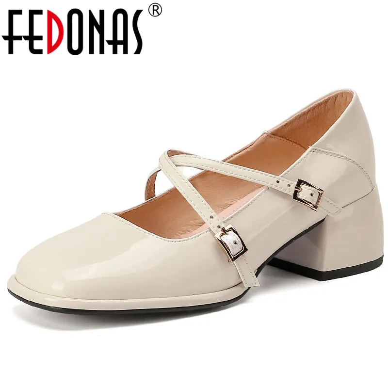 

FEDONAS Women Pumps Genuine Leather Thick Heels Cross-Tied Mary Janes Shoes Woman Spring Summer Retro Style Office Ladies Party