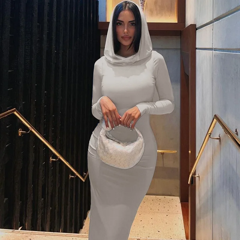 

Women Solid Hooded Long Dress Female Streetwear Autumn Clothing Fashion Full Sleeve Back Slit Bodycon Slim Maxi Casual Vestidos