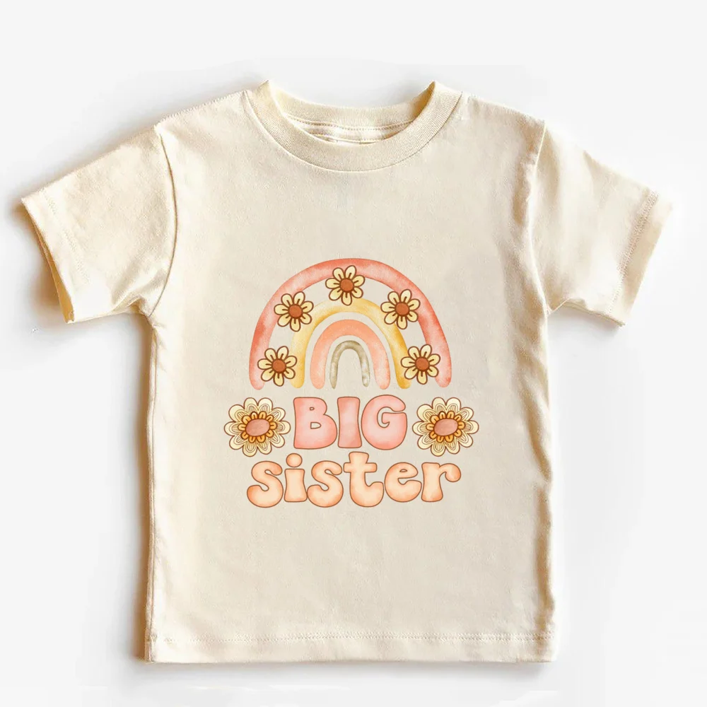 Big Sister Little Sister Rainbow Shirt Retro Sibling Matching Outfit Kids Short Sleeve T-shirt Tops Baby Large Bubbles Romper 5
