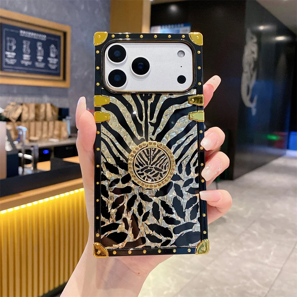 Luxury Leopard Gold Plating Glitter Case with Diamond Ring Stand Cover