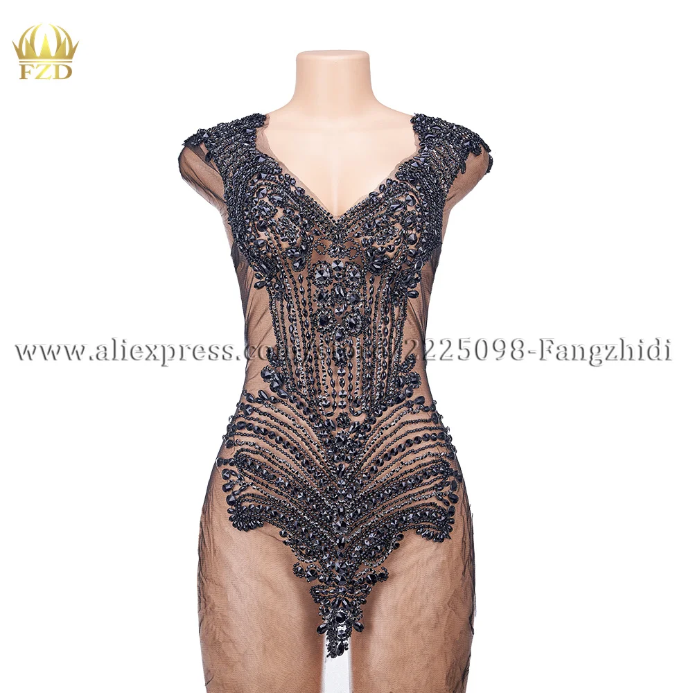 

FZD 1 шт. черная ручная работа Большая Тяжелая нашивка Хрустальный бисерный лиф искусственная аппликация для шитья платья вечернего выпускного вечера сделай сам