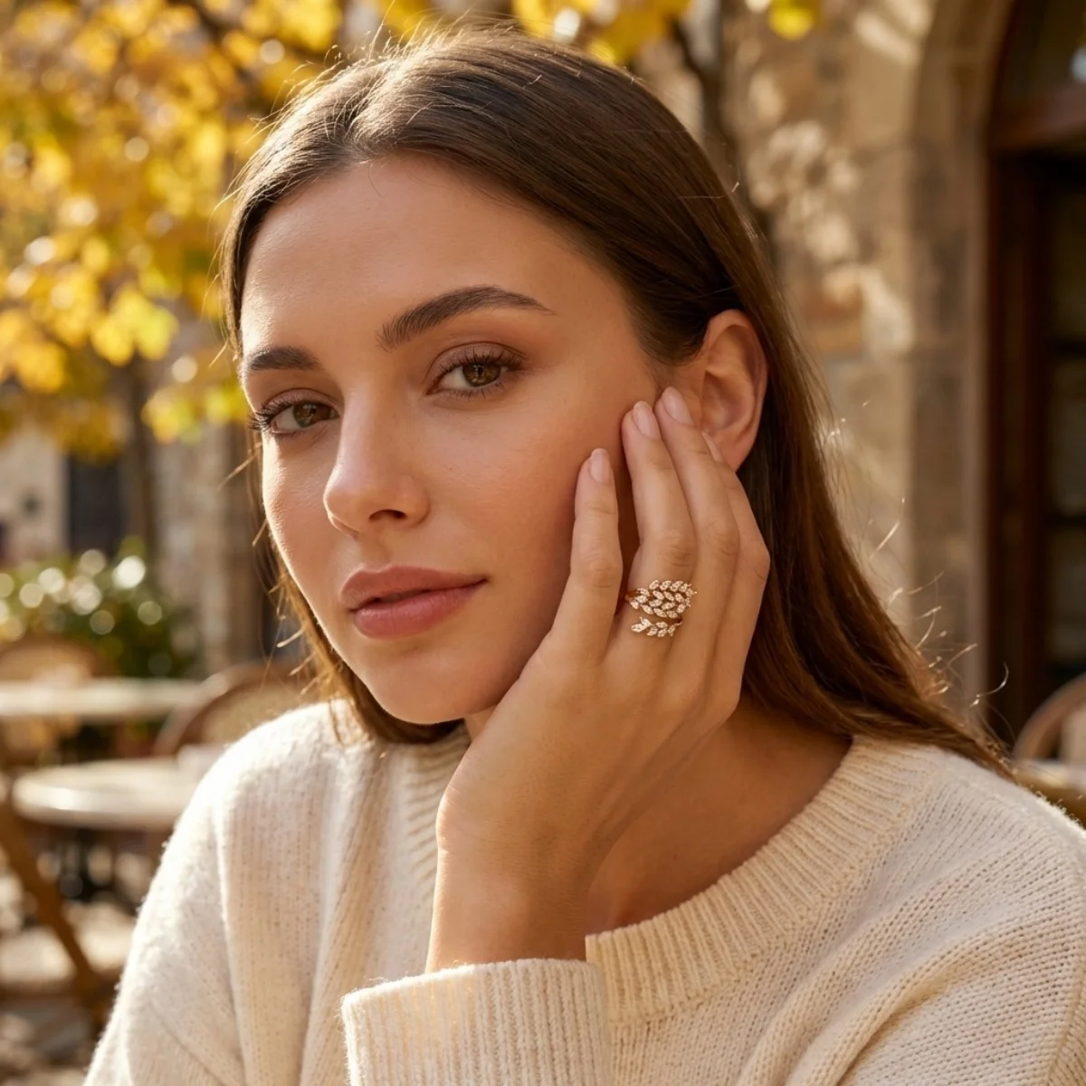 Eleganter, geometrischer Weizenblatt-Feder-Ring aus Messing mit Zirkonia-Einlage, verstellbarer Hochzeits-Fingerring, vielseitiger Schmuck – Detail 4