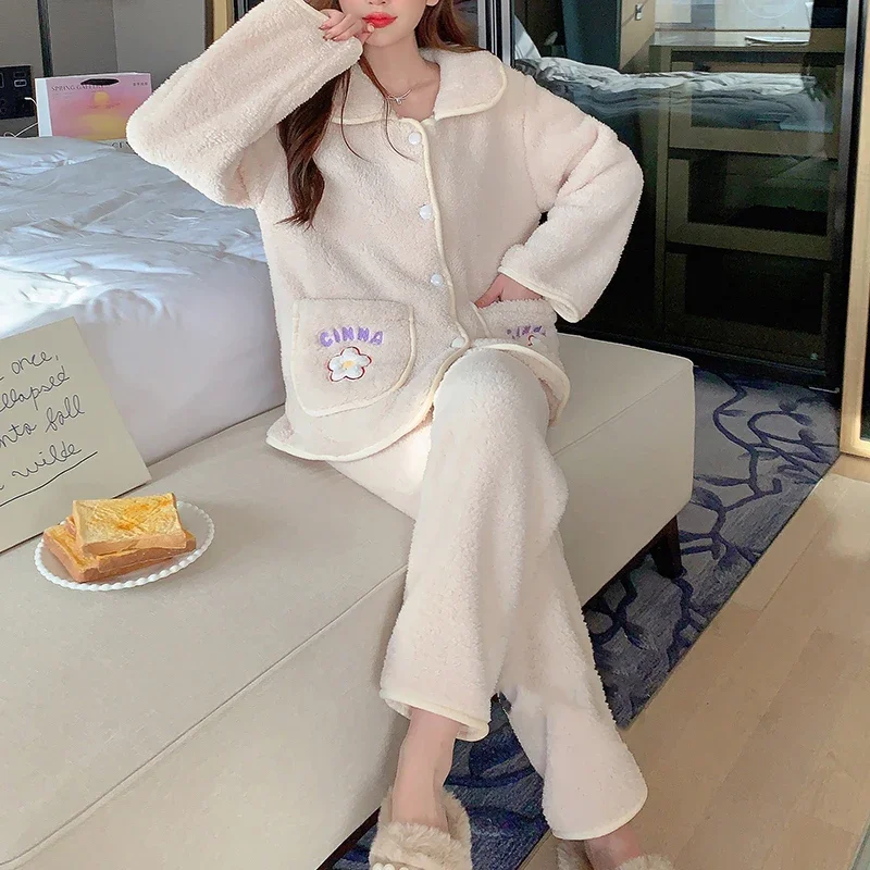 Women Long Sleeve Pajamas Sets 2 Pieces Sleepwear Warm Winter  Nightwear Pijama Elegant Night Outfit Home Clothes Plus Size 6XL