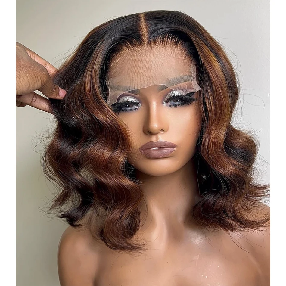 Human Hair Wig Lace Front Wigs Ombre Honey Blonde Colored Short Body Wave 13x6 HD Lace Frontal Wig with Bangs Pixie Cut Bob