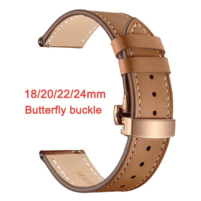 

Butterfly Buckle Genuine Leather Watch Band 18mm 20mm 22mm 24mm Strap Smart Watch Universal Strap Bracelet Black Rose Gold Clasp