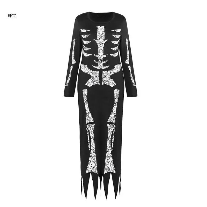 

X5QE Women Halloween Long Sleeve Maxi Dress Skeleton Bones Witch Cosplay Clubwear