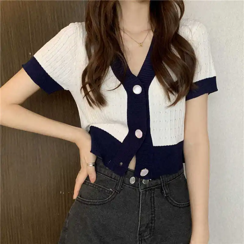 2026 Women's T-shirt V-neck Short Sleeve Knit Summer New Short High-waisted Cardigan Casual Y2k Tops Woman 6