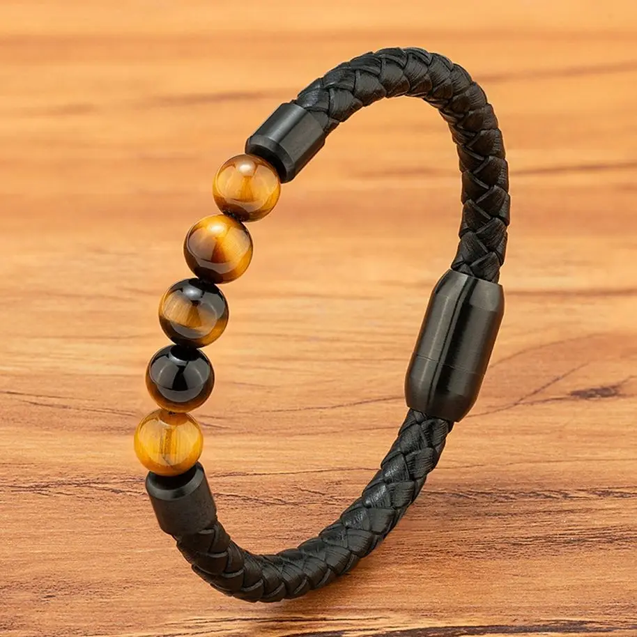 Leather Bracelet Leather Magnetic Bracelet Beaded Bracelet Tiger Eye Beaded Bracelet Magnet Clasp Design Jewelry Gift For Men