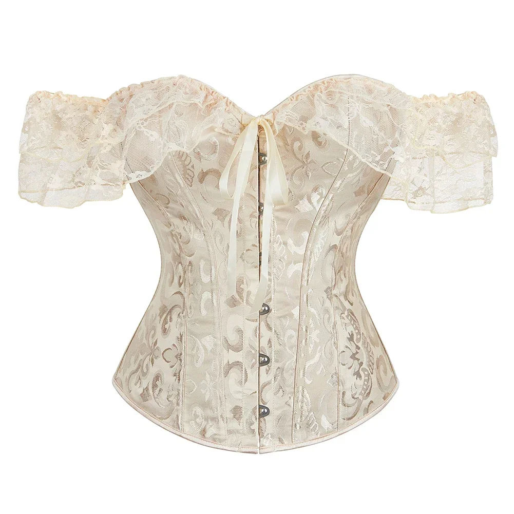 Women Lace Short Sleeve Corset Vest Lace Up Plastic Bones Overbust Corselet Jacquard Vintage Waist Trainer Bustier Top Basques