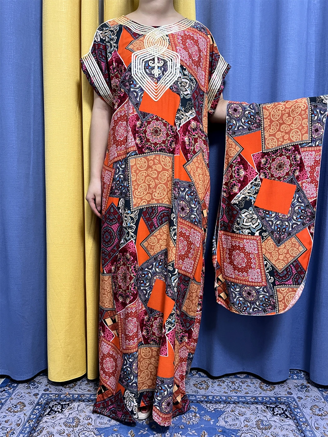 Muslim Abayas For Women 2023 Appliques Block Print Pattern Cotton Loose Fit Femme Robe Dubai African Islamic Dresses With Turban