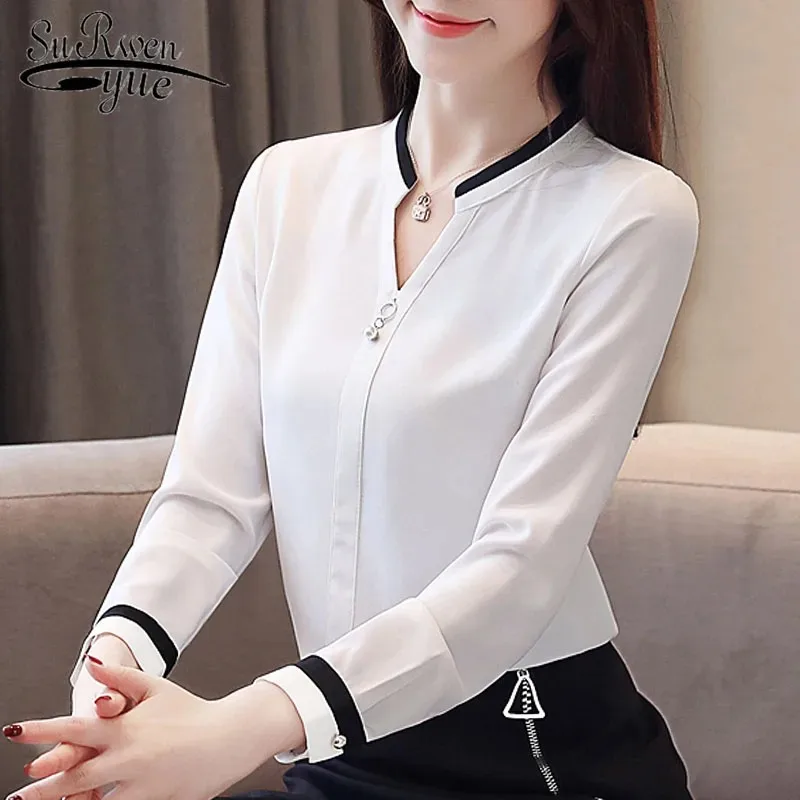 Women's V-Neck Chiffon Blouses Blue Shirt Loose Beading Tops Elegant Clothes Solid Fashion Spring 2412