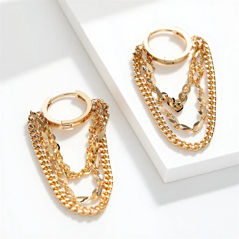 Hip Hop Punk Long Tassel Metal Chains Hoop Earrings For Women Men Vintage Black Rose Gold Silver Color Earring Jewelry Accessory