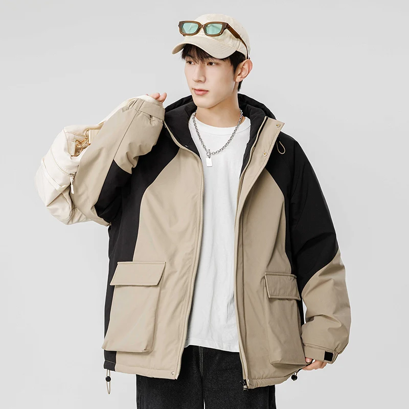 Outdoor Men's Winter Padded Jacket Hooded Zip-up Patchwork Windbreaker Waterproof Outerwear Hiking Fashion Thick Warm Parkas