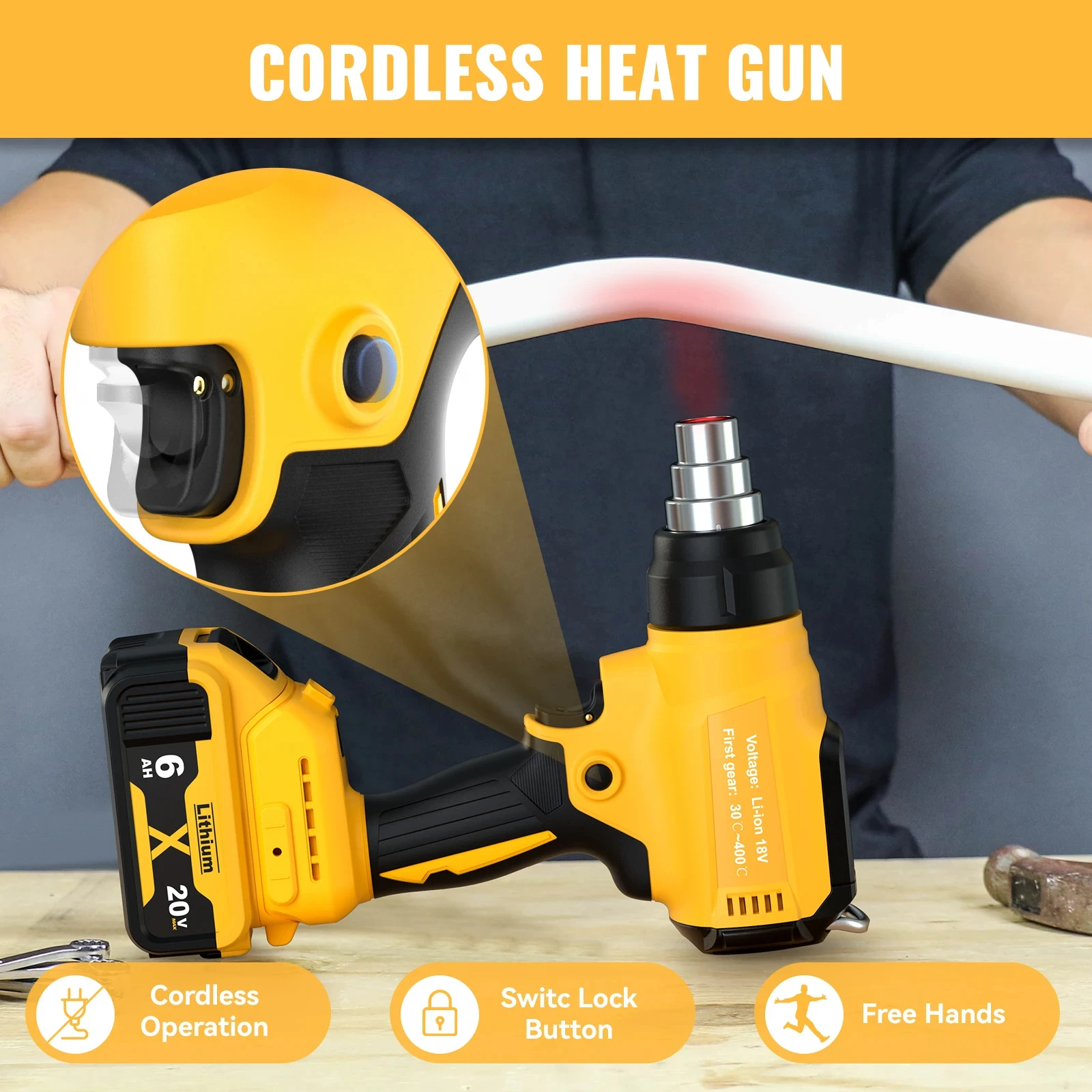 Heat Gun Cordless Portable Adjustable Temperature 122℉-1022℉ For Dewalt 20v Battery With 4pcs Nozzles