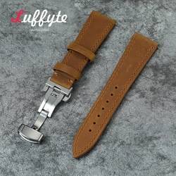 Crazy Horse Genuine Leather Retro Men's Watch Strap with Butterfly Buckle - 22mm (Light Brown)