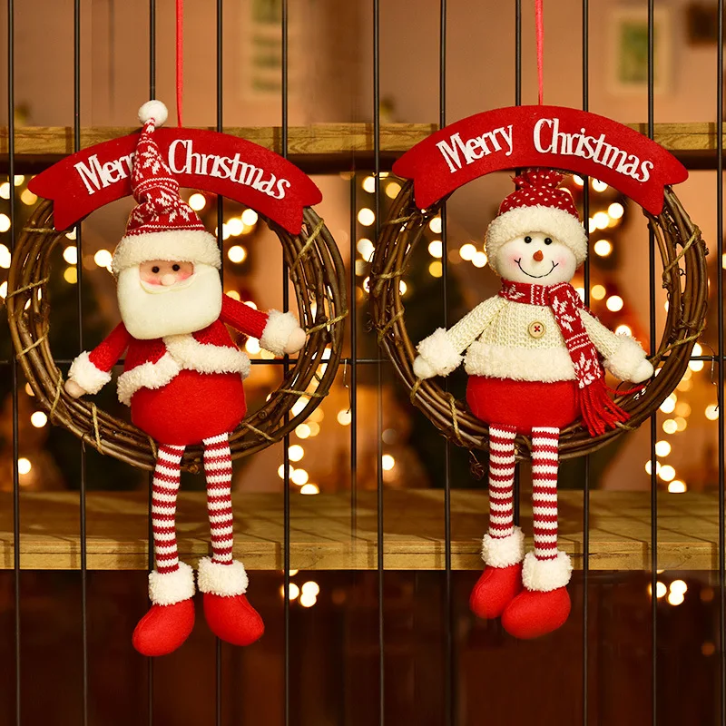 Christmas Red and White Snowman Old Man Rattan Circle Door Hanging Garland Scene Arrangement Old Man Elk Puppet Decoration