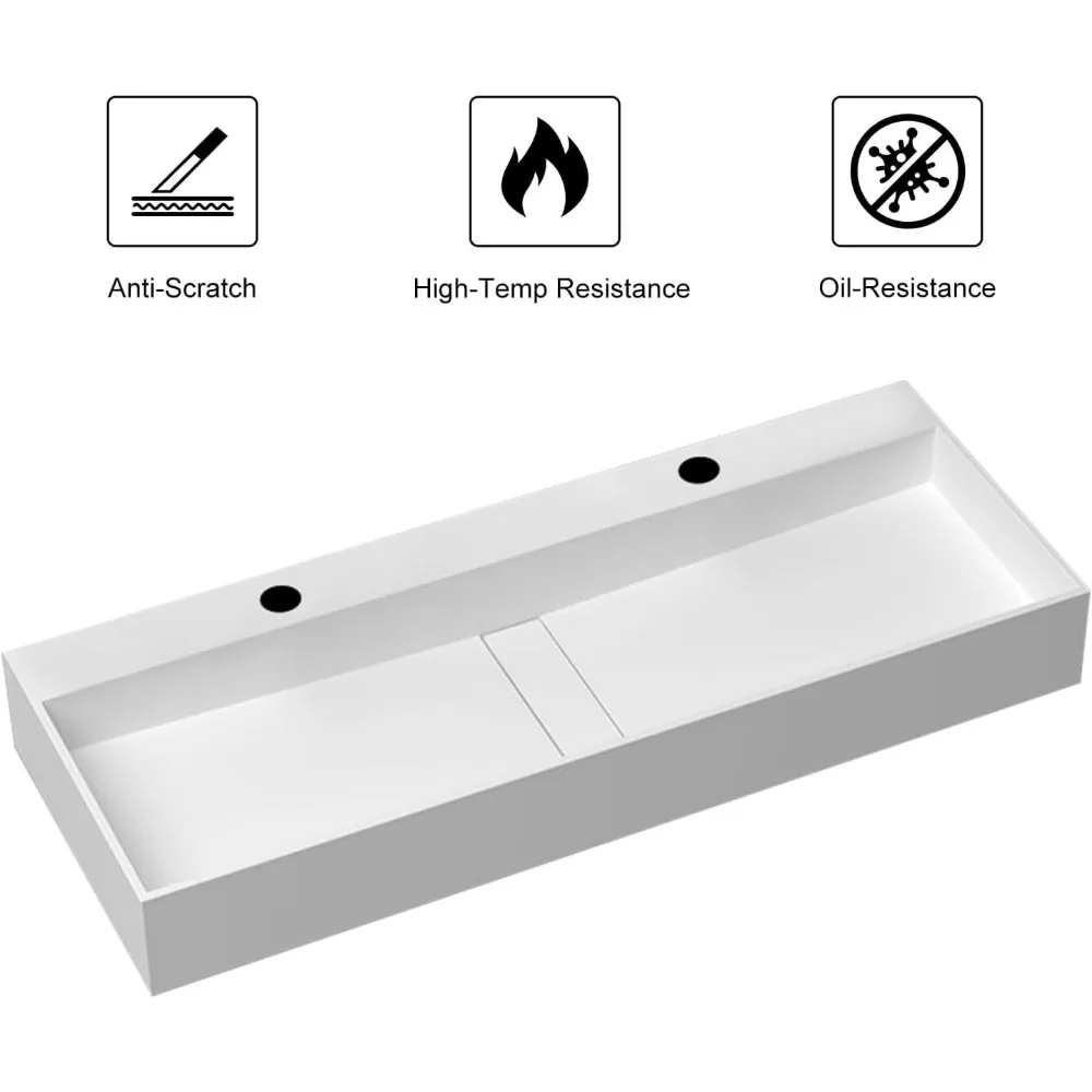 47'' Bathroom Sink Double-Bowl Wall Mounted Trough Floating Sink in Matte White Washhand Stand Sinks Furniture Fixture Home 6