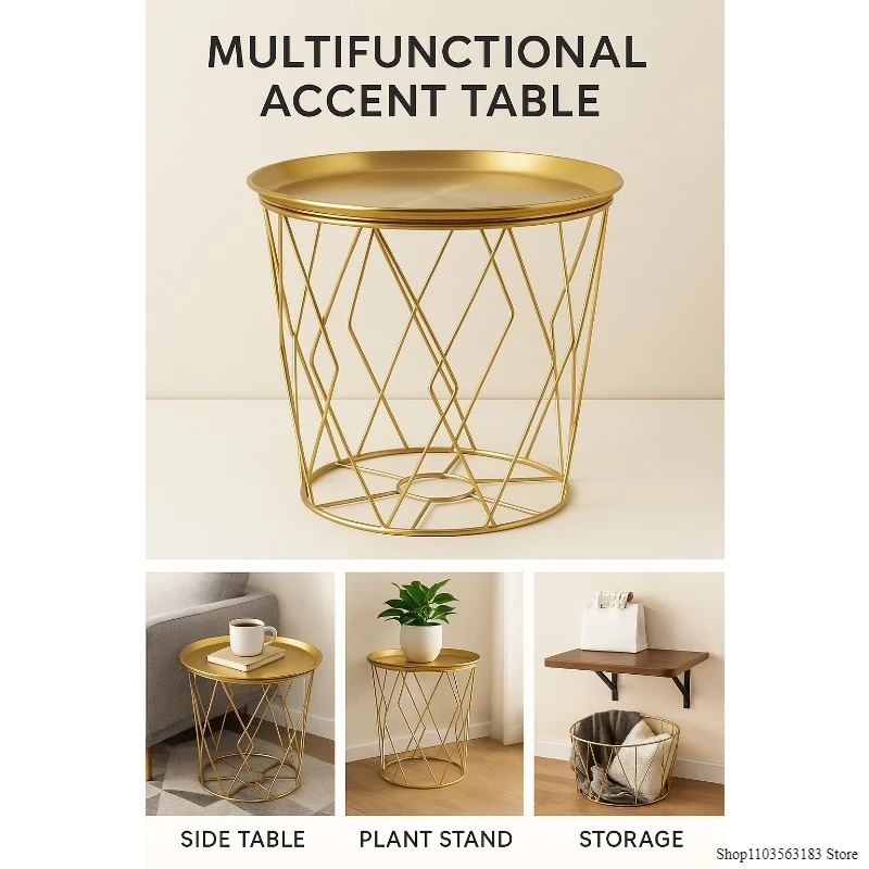Gold Metal Basket Side Table with Removable Tray Modern Round Coffee Table  Multifunctional Clothing Organizer Bedroom End Table