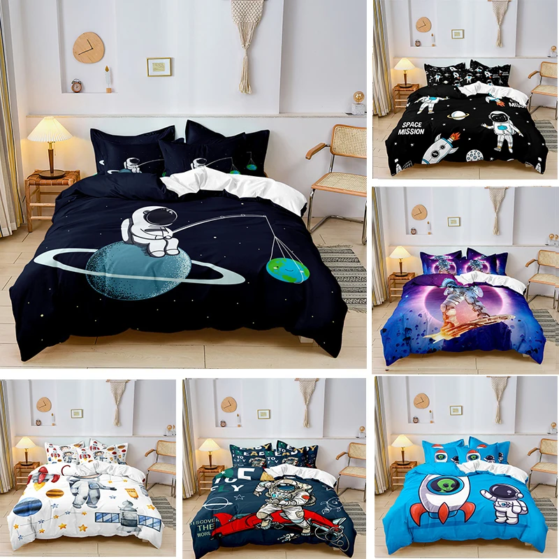 

Astronaut Starry Sky Bedding Set 3D Duvet Cover Set King Size Quilt Cover With Pillowcase Black 3d Printed Comforter Cover