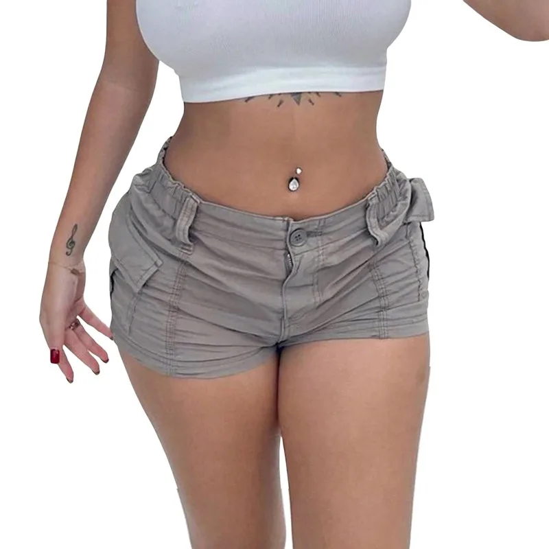 Women Vintage Elastic Low Waist Cargo Shorts Summer Casual Solid short overalls pant with Pockets for Nightclub Streetwear NWQ59