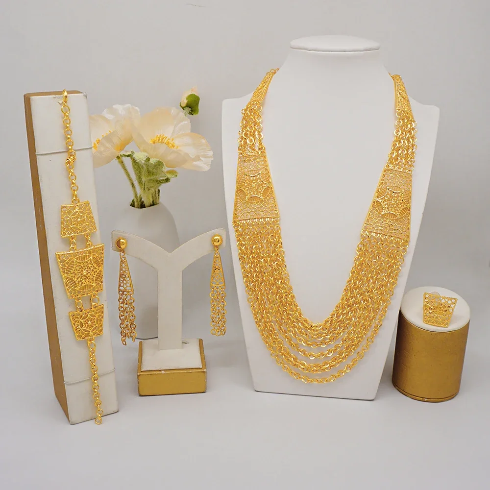 S6a31fcaa5c50463b8b0a58d98d7633cd5 Middle East Golden Long Necklace with Tassel Jewelry Set for Women Tassel Earrings for Bridal Set Party Gift Mallzona