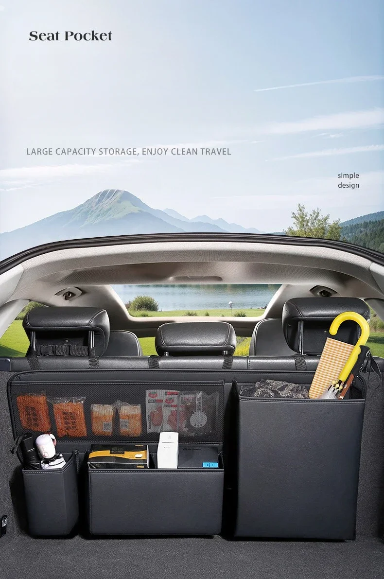 Auto Stamm Hängende Lagerung Tasche Leder Auto Hinten Sitz Werkzeuge Feuer Große Kapazität Multi-tasche Auto Lagerung Cargo Rack veranstalter – Detail 1