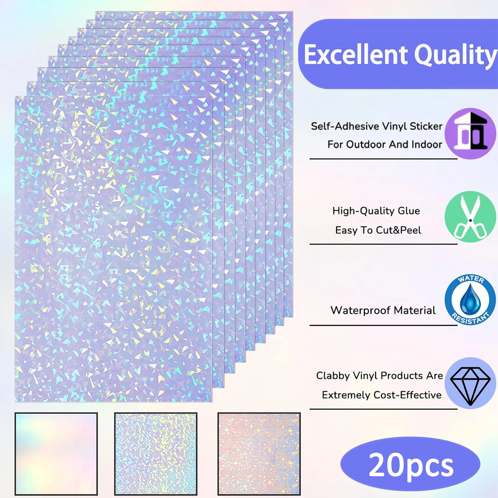 Holographic Cold Laminating Film Self-Adhesive Vinyl Sticker 20 Sheets A4 8.3x11.7 In Waterproof