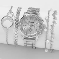 5PCS Quartz Watch Set Women Fashion Silver Round 3 Eyes Alloy Strap Wristwatch Gift Rhinestone Watch For Women Jewelry Set 1