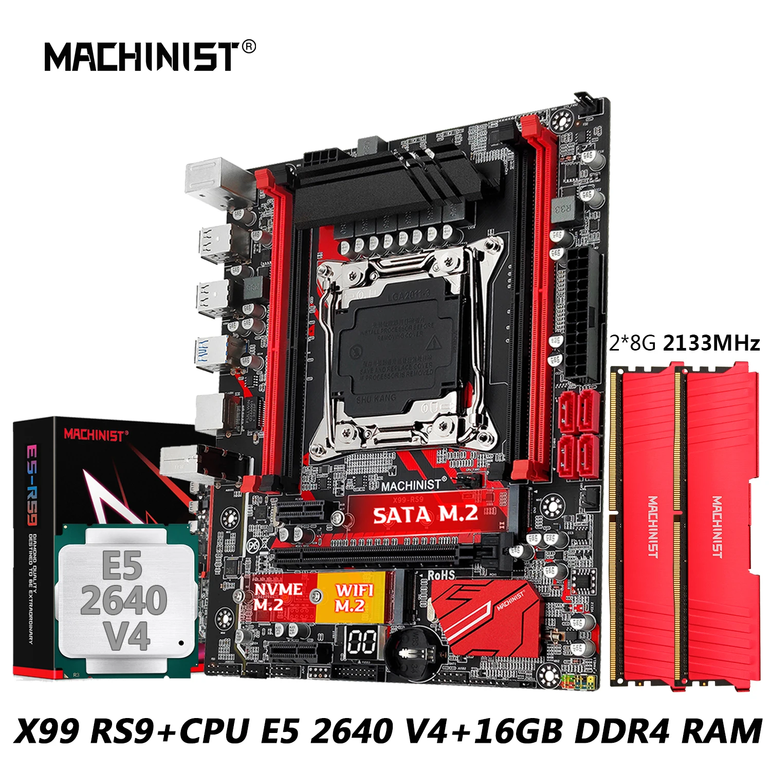 MACHINIST RS9 X99 Motherboard Combo Xeon E5 2640 V4 Kit LGA 2011-3 CPU DDR4 2*8G=16GB RAM 2133MHz NVME M.2 USB 3.0 Four Channel