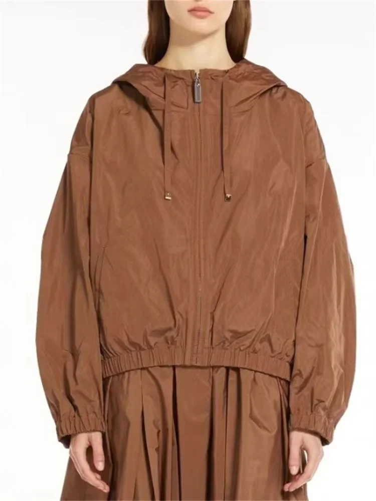 Women Casual Drawstring Hooded Jacket Spring 2024 New All-Match Ladies Long Sleeve Zipper Loose Simple Jacket