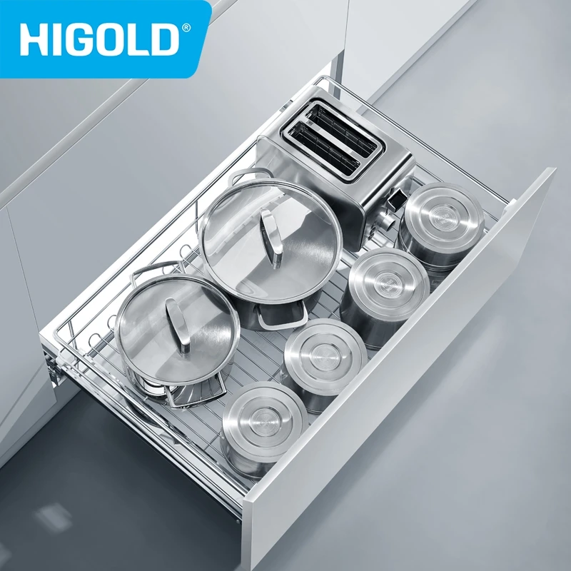 HIGOLD Fashion Series Pull Basket Cabinet 304 Stainless Steel Linear Basket Double layer Multifunctional