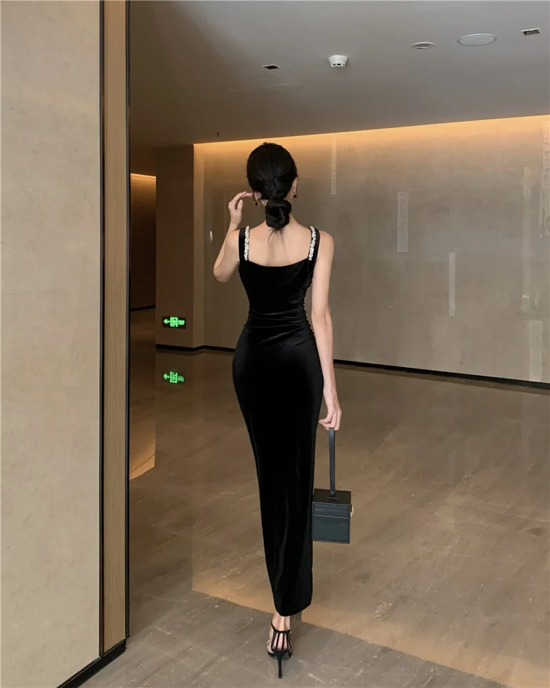 Elegant Bodycon Sleeveless Black Velvet Dresses for Women Diamonds High Slit Evening Party Dress Prom Robe One Piece Vestido New