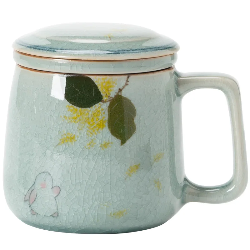 Hand-Painted Cracked Glaze Jade Rabbit Ceramic Mug with Lid-Tea Infuser, 250ml Office Tea Cup, Unique Artistic Set