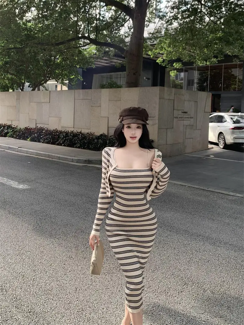 Korean Sle Long Sve Striped Open Cardigan Women's Faion Set Strap Dr ...
