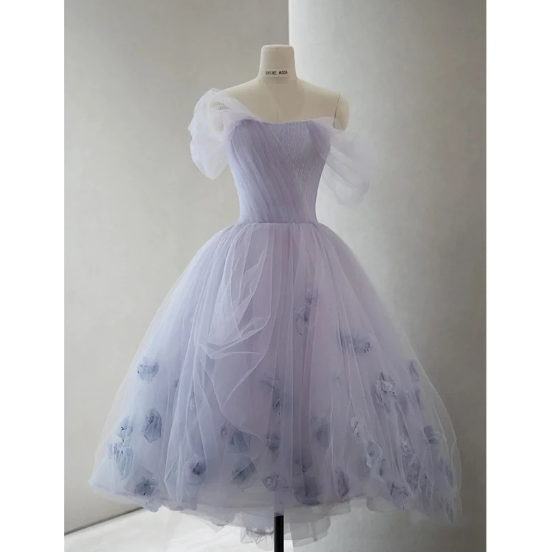 

Lilac Purple Evening Dresses Floral Appliques Asymmetrical Princess Dress Off Shoulder Ball Gown Zip Up Engagement فستان سهرة