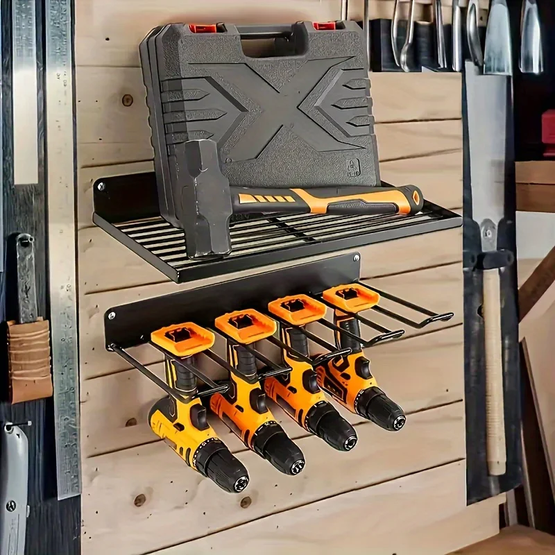 Wall-mounted Utility Rack Power Tool Organizer Heavy Duty Metal Tool Shelf Drill Storage Rack Cabinet Garage Organizer