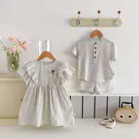 Summer Children Siblings Clothes Set Muslin Lace Bow Fly Sleeve Toddler Kids Girls Dress Infant Babys Boys Striped Shirts Shorts