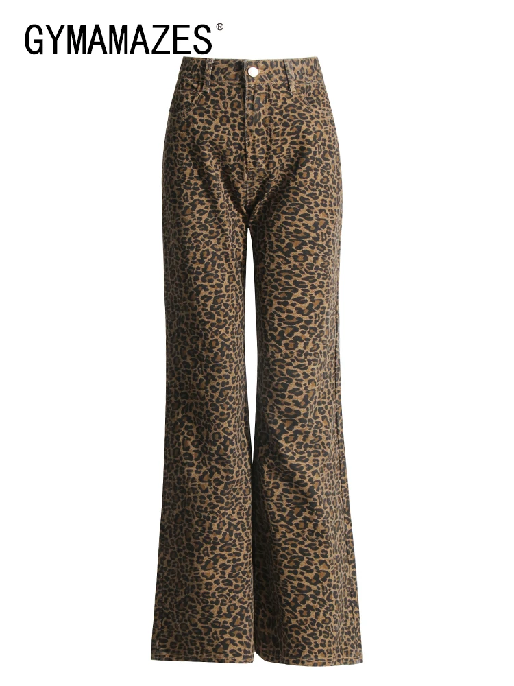 

GYMAMAZES Colorblock Leopard Printing Denim Pant For Women High Waist Patchwork Pocket Casual Flare Pants Female Fashion Style