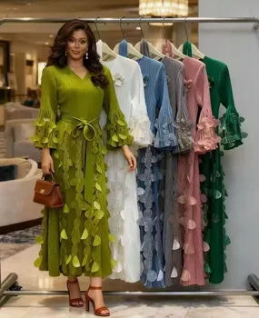 2026 Long-sleeved Skirt Sense Gentle Wind V-neck Loose Dresses Lace Three-dimensional Flower Design Sense Miyake Dress Women 1