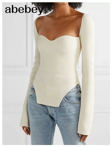 

2023 new spring and summer fashion sexy sqaure collar elastic high waist full sleeves women clothes pullover