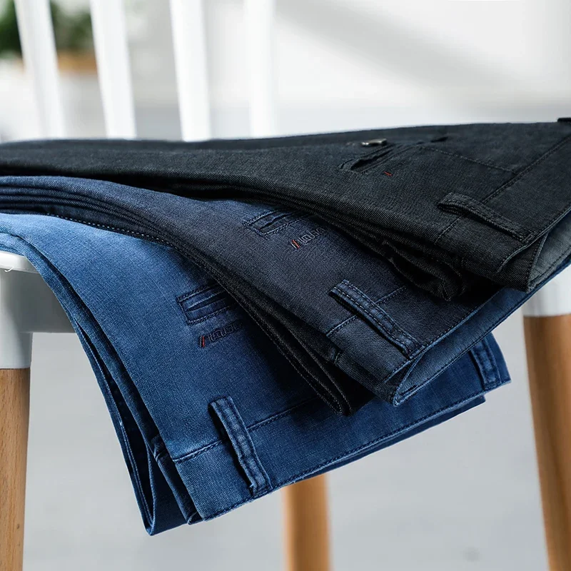 

Джинсы Lyocell мужские тонкие, классические брюки из денима стрейч с прямыми штанинами, Брендовые брюки, синие Черные, весна-лето