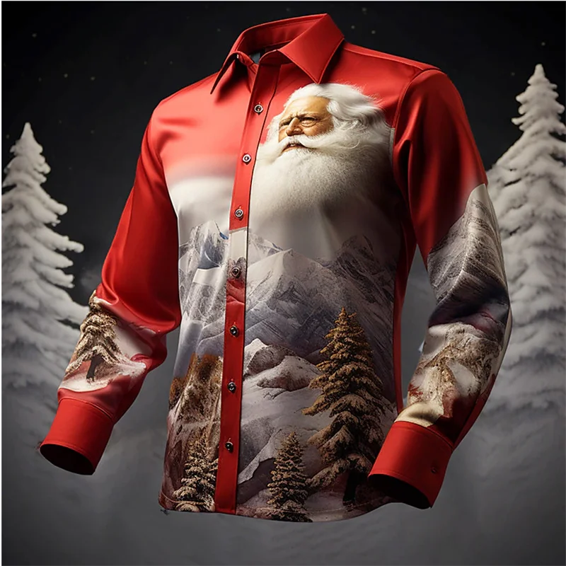 

Santa Claus Casual Men's Shirt Outdoor Christmas Street Autumn and Winter Cuffed Long Sleeve Burgundy Brown Green S-6XL Shirt